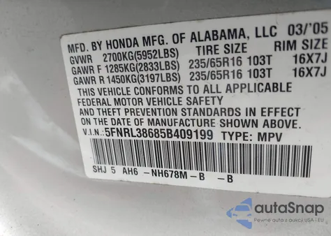 2005 Honda Odyssey Ex-L из США, поврежденный, VIN 5FNRL38685B409199